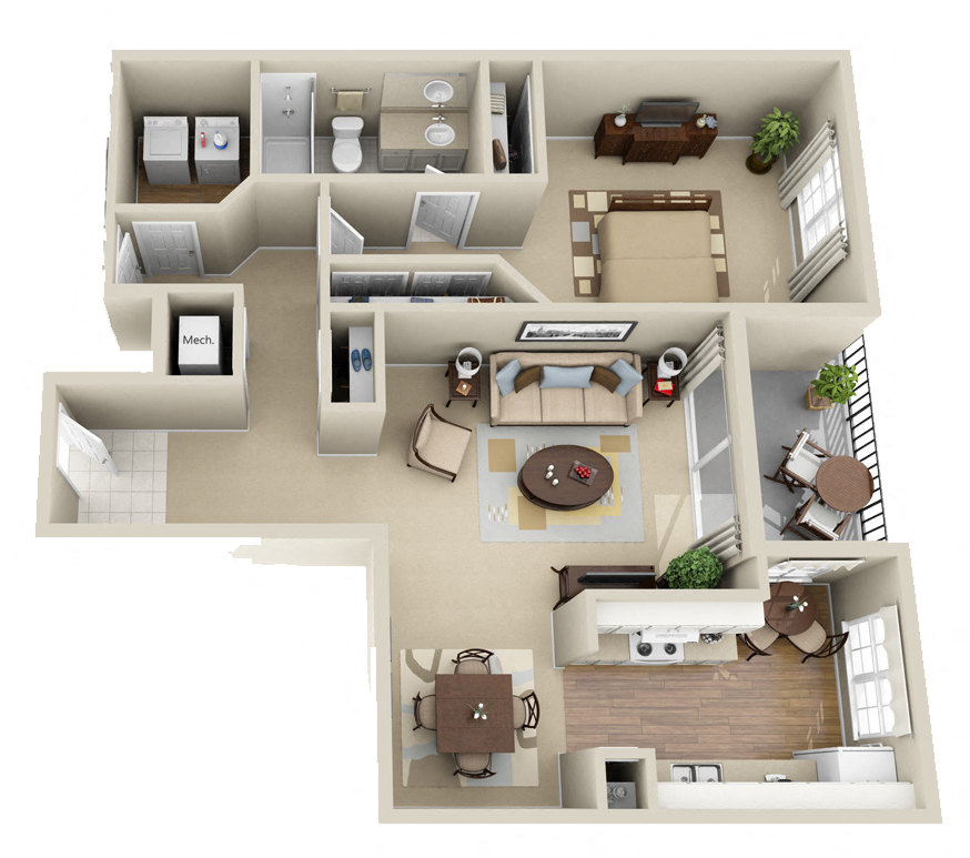 Floor plan for 1 bed, 1 bath, 1038 sqft